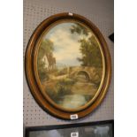 Robert Ixer Oval framed Oil on board of a river in countryside scene