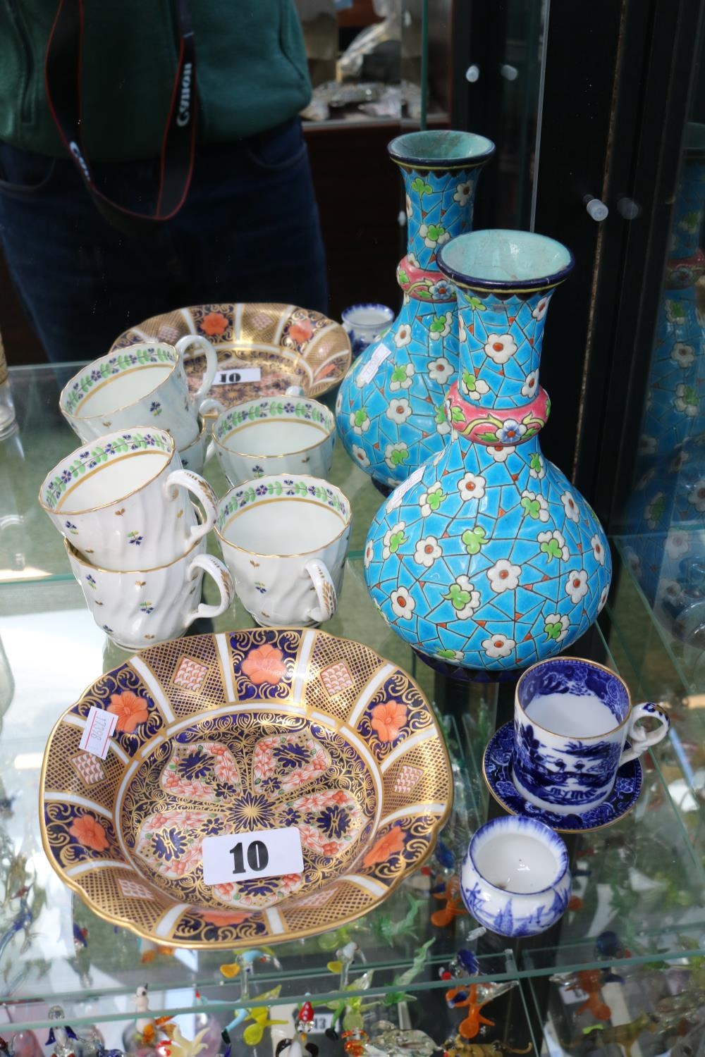 French Longwy Enamel Turquoise vase, Royal Crown Derby bowl and assorted ceramics