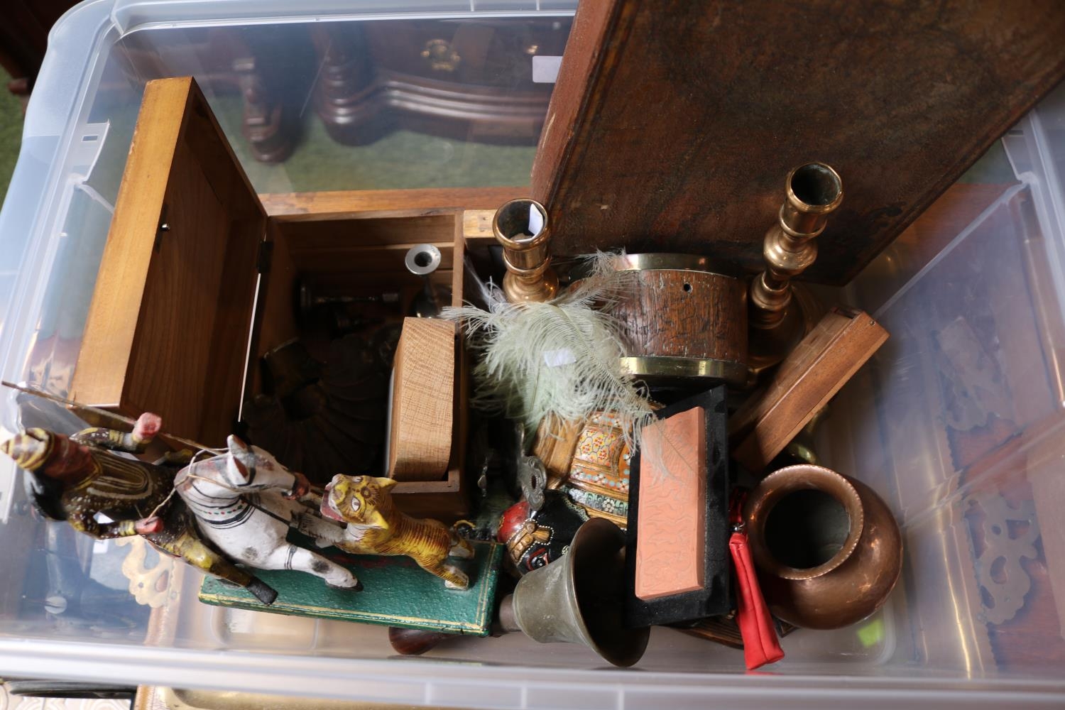 Box of assorted Collectables and bygones inc. Copper vase, Pair of Brass candlesticks, Large Two - Image 2 of 2