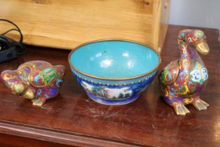 Pair of Late 19thC /Early 20thC Cloisonne geese of two parts with a Chinese Circular Cloisonné