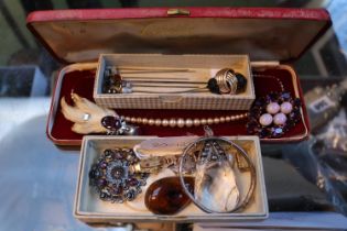 Collection of assorted Costume and other Jewellery inc. Hat Pins, Brooches, Amber drop pendant etc