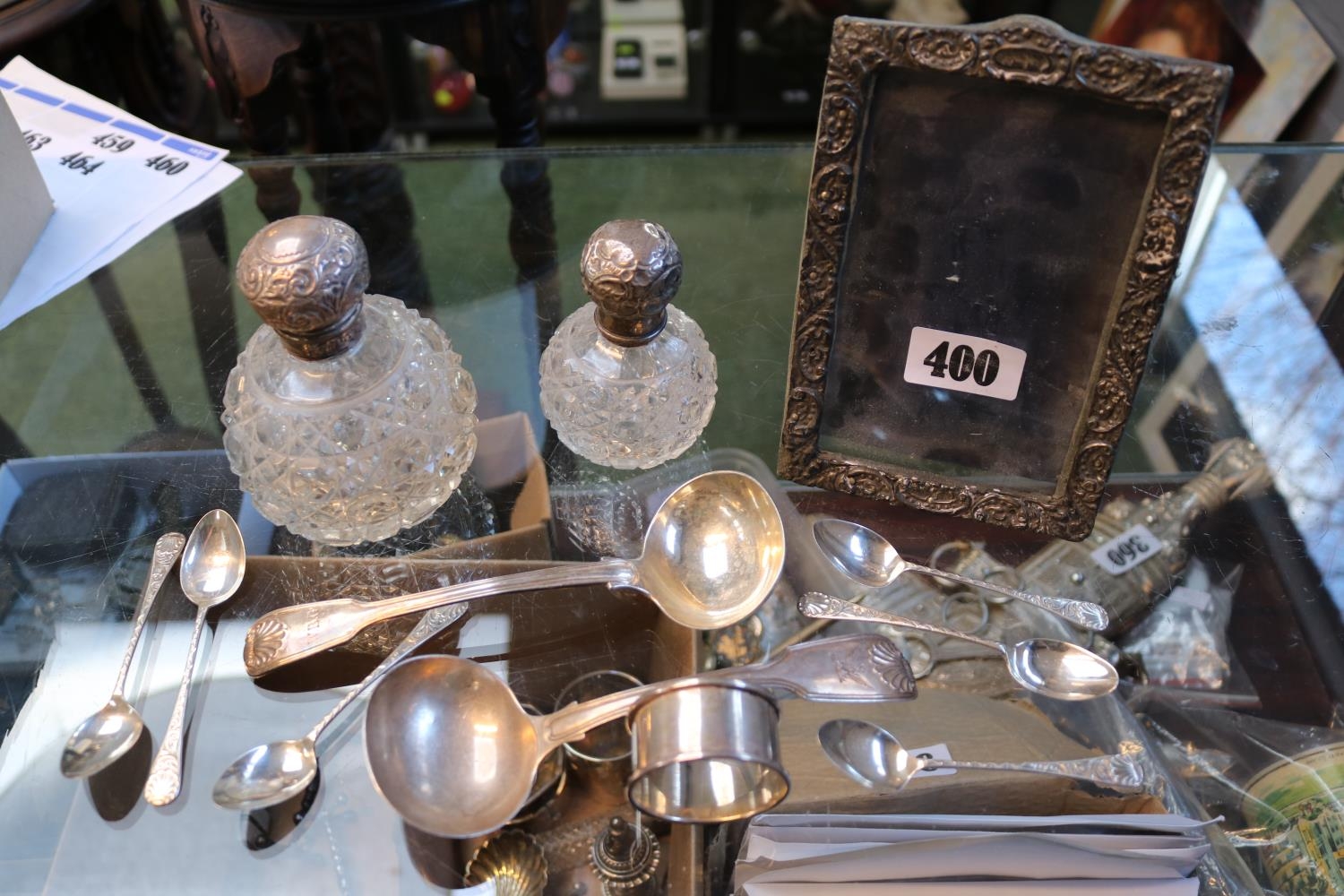 Collection of assorted Silver items inc Photo frame, Scent bottles etc