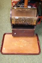 Brass embossed magazine rack, Pine stained box and a Tray