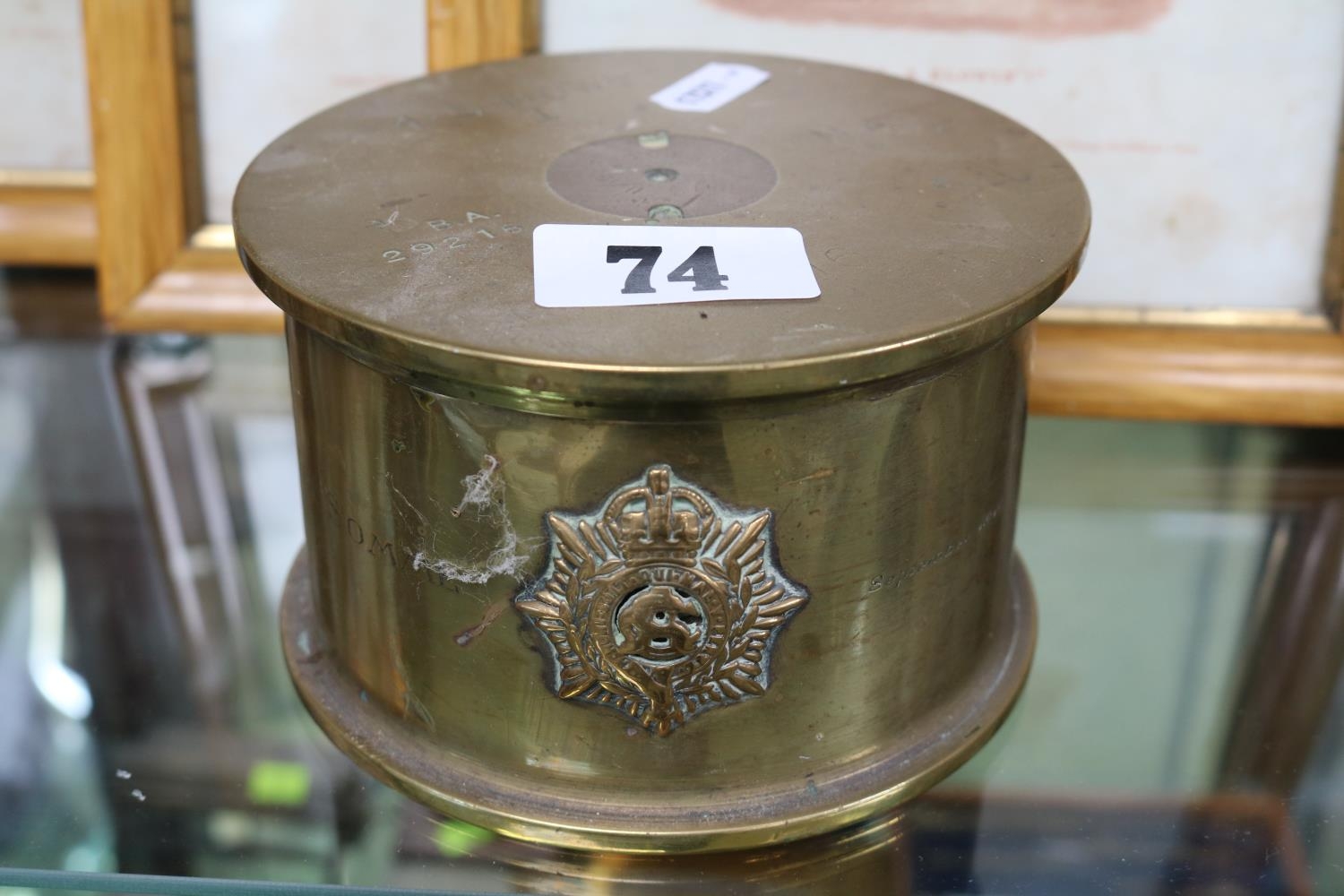The Somme September 1916 4.5 Howitzer Brass Trench Art Shell tobacco jar with applied badge and