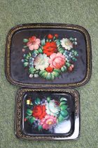 2 Russian Floral Hand Painted tin trays