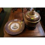 Thai Royal Family Plate and a matching covered jar on wooden carved stand