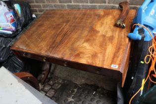 19thC Mahogany drop leaf table of 2 drawers with brass handles with turned central support on played