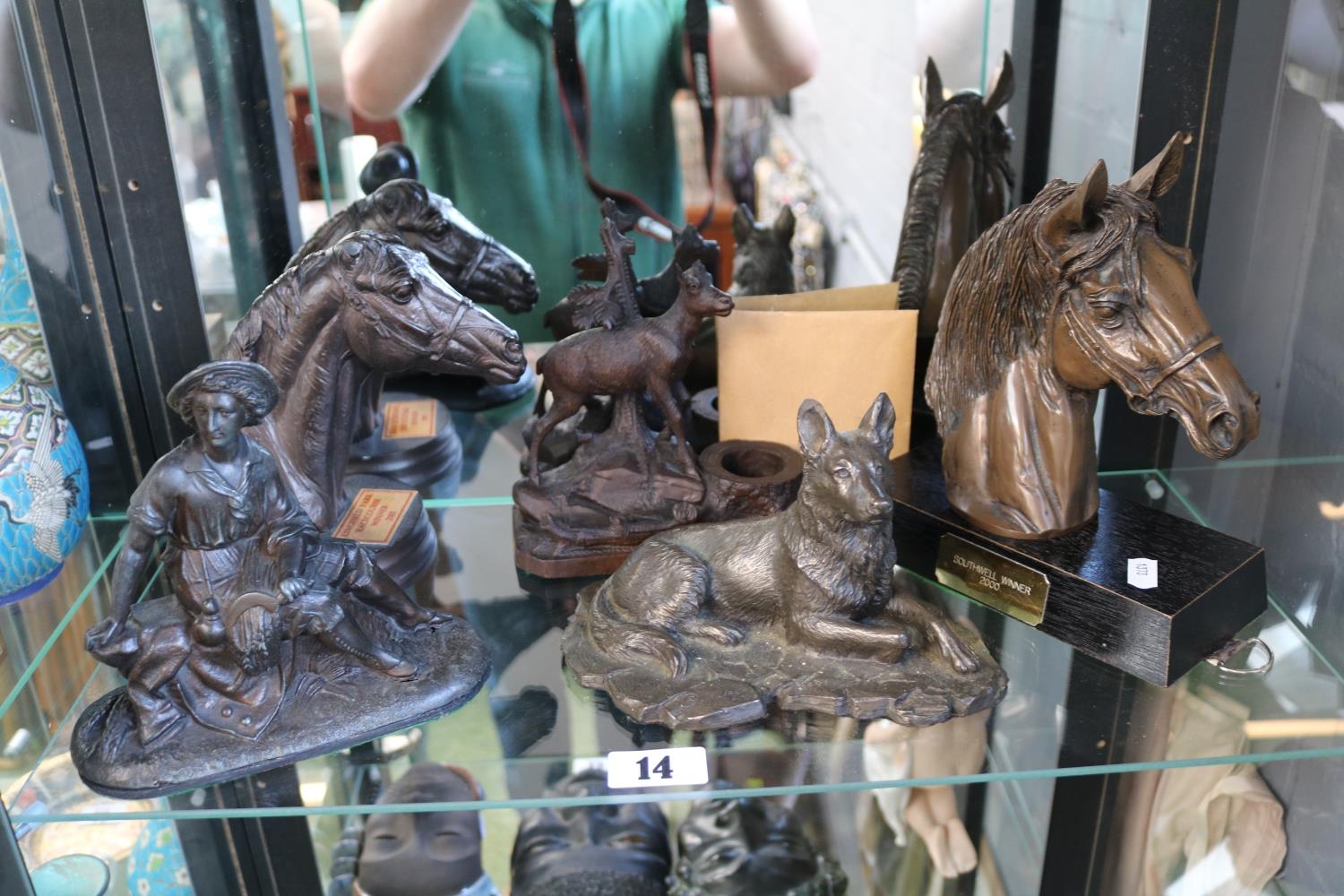 Collection of Equine Related bronzed horse trophies and sculptures and a Black Forest Carving