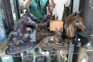 Collection of Equine Related bronzed horse trophies and sculptures and a Black Forest Carving