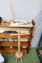 Beech washing Dolly, Pine framed wash board, Copper ended washing dolly and a pair of tongs