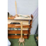 Beech washing Dolly, Pine framed wash board, Copper ended washing dolly and a pair of tongs
