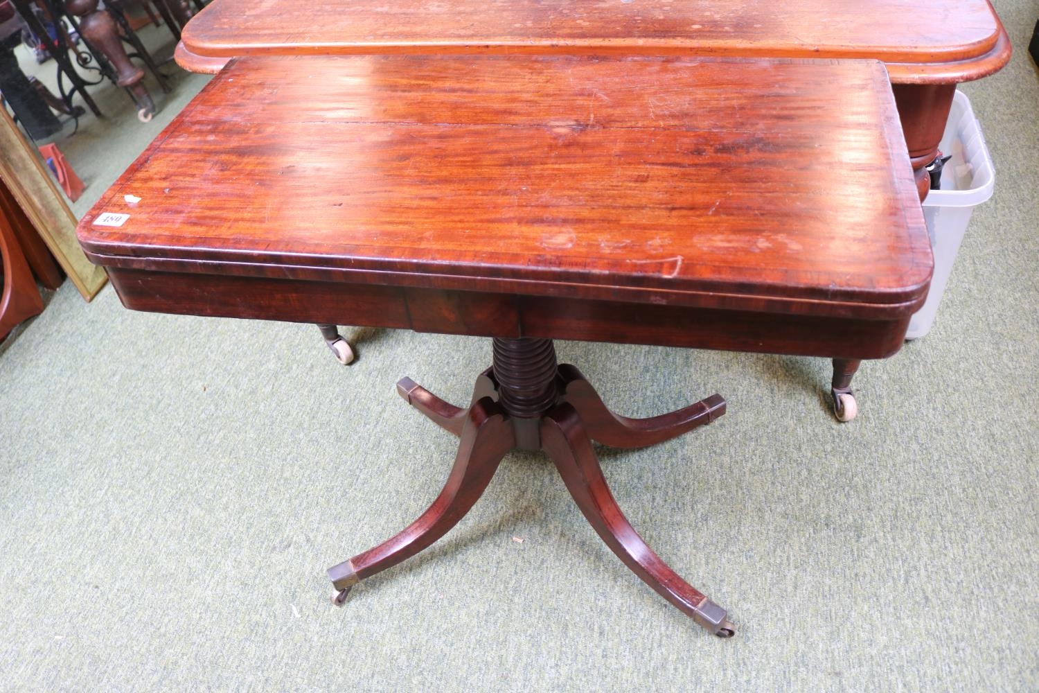 Georgian Mahogany Fold Over Card table with splayed caster legs - Image 2 of 3