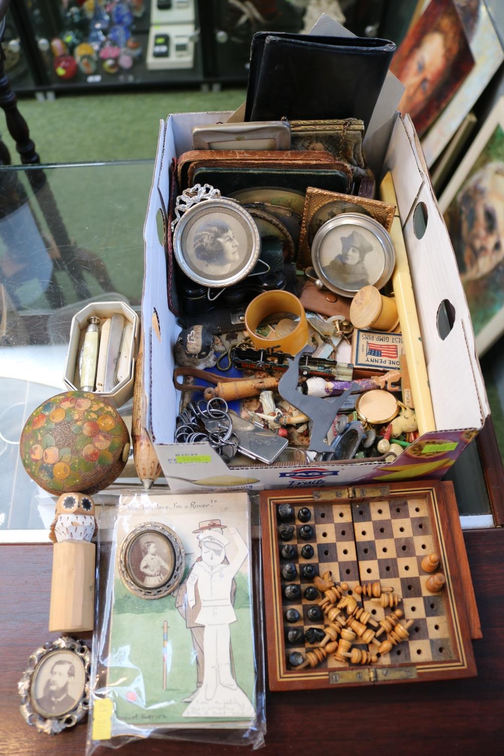 Box of assorted Small bygones to include travelling chess set, Pen Knives, Purses etc