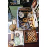 Box of assorted Small bygones to include travelling chess set, Pen Knives, Purses etc