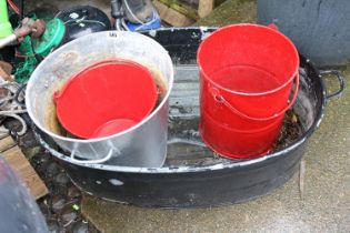 Large Painted Tin bath Tub and a collection of Metal tubs