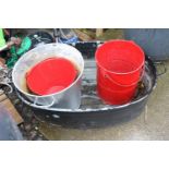 Large Painted Tin bath Tub and a collection of Metal tubs