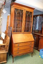 Edwardian Mahogany Inlaid glazed bureau bookcase on cabriole legs