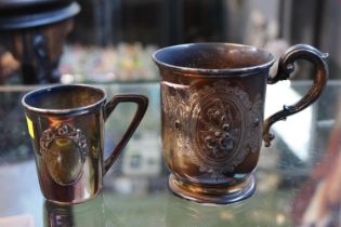 19thC Silver engraved and embossed cup London 1867 177g total weight and a 800 Silver Beaker 50g