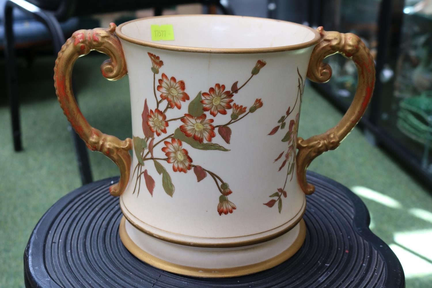 Large English Royal Worcester Blush Ivory two handled loving cup with puce mark to base 15.5cm in