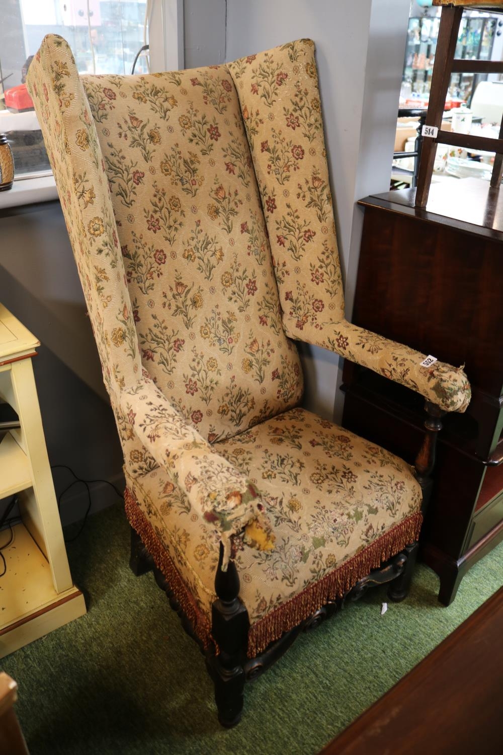 Victorian High back upholstered Elbow chair with turned supports and carved base - Image 2 of 3
