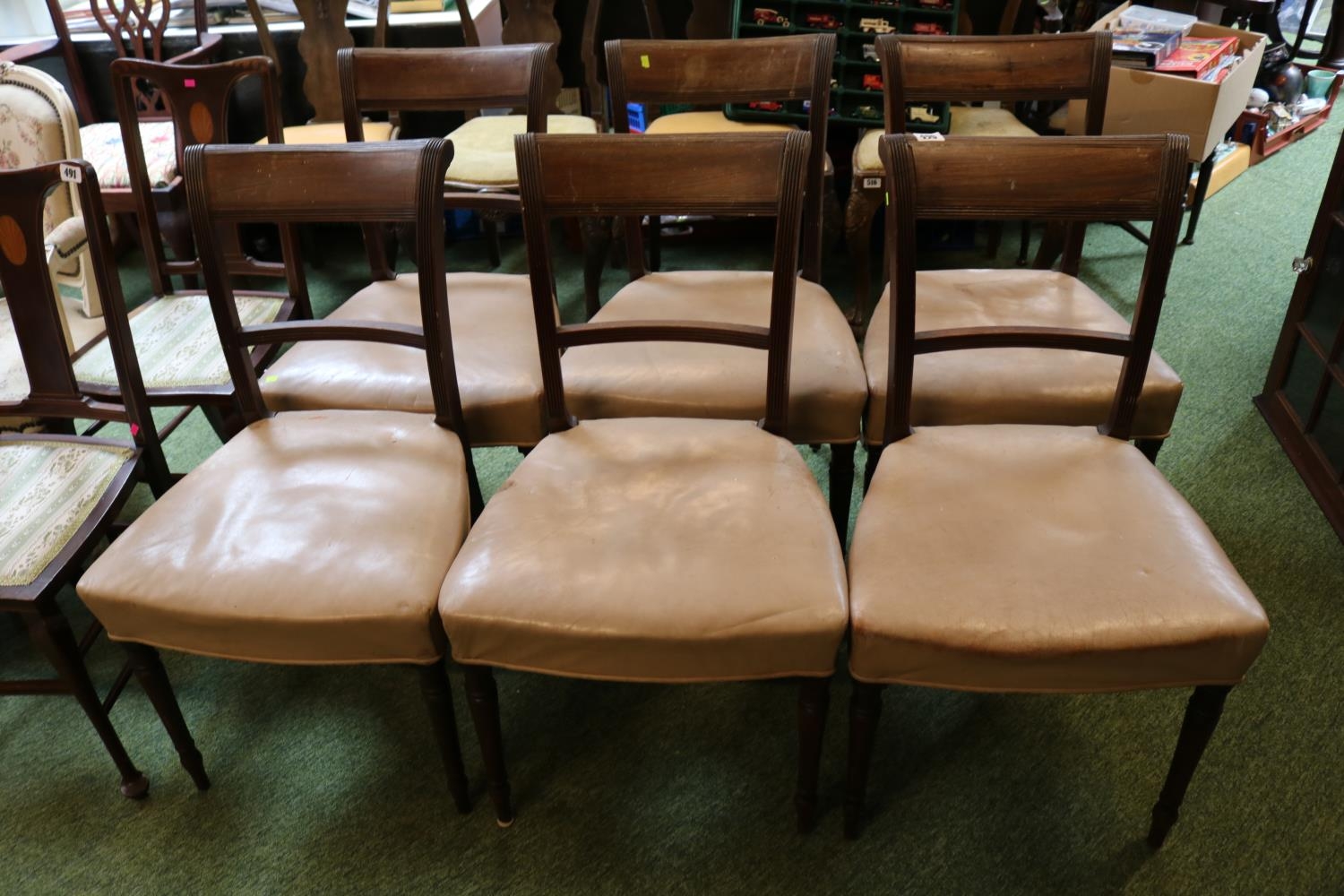 Set of 6 19thC Mahogany chairs with brass inlay over with turned legs - Image 2 of 2