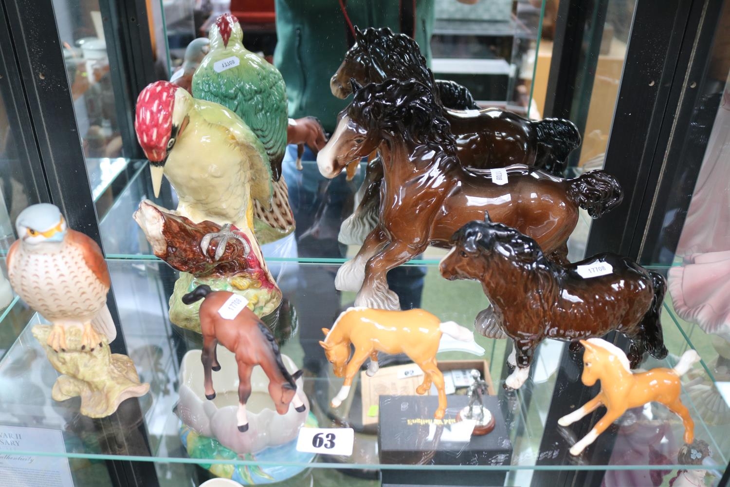 Beswick 1218 Woodpecker, Beswick Kestrel 2516 and assorted Royal Doulton Beswick Horses and Foals