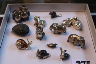 Collection of miniature Silver Animals to include Enamelled Snail, Fog, Ducks etc