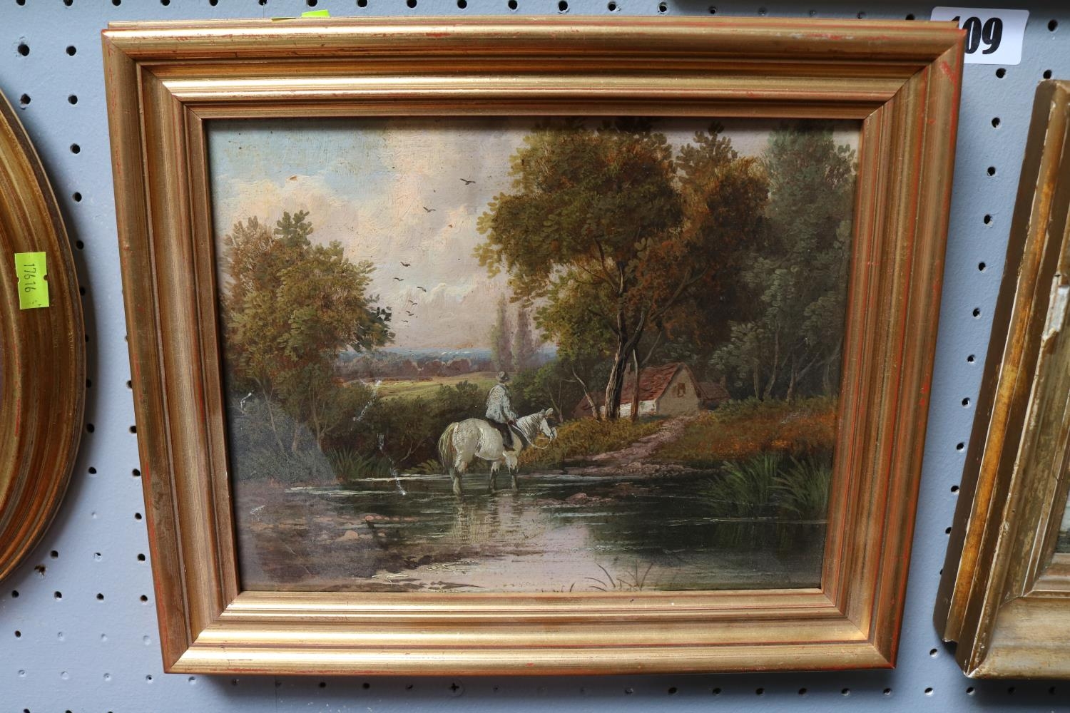 Oil on board of a Dutch coastal scene and a 19thC Oil on board of a horse crossing a river - Image 2 of 4