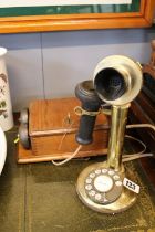 Vintage Brass Stick Telephone with Wooden Cased bell box