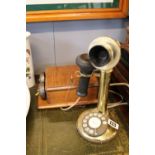 Vintage Brass Stick Telephone with Wooden Cased bell box