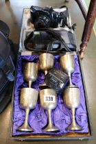 Cased Set of Silver plated goblets and assorted Cameras