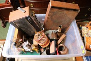 Box of assorted Collectables and bygones inc. Copper vase, Pair of Brass candlesticks, Large Two