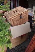 Collection of assorted House clearance ceramic and a wicker fishing basket