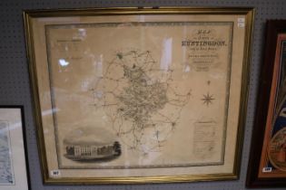 Framed 19thC Greenwood & Co Map of the County of Huntingdon depicting Kimbolton Castle