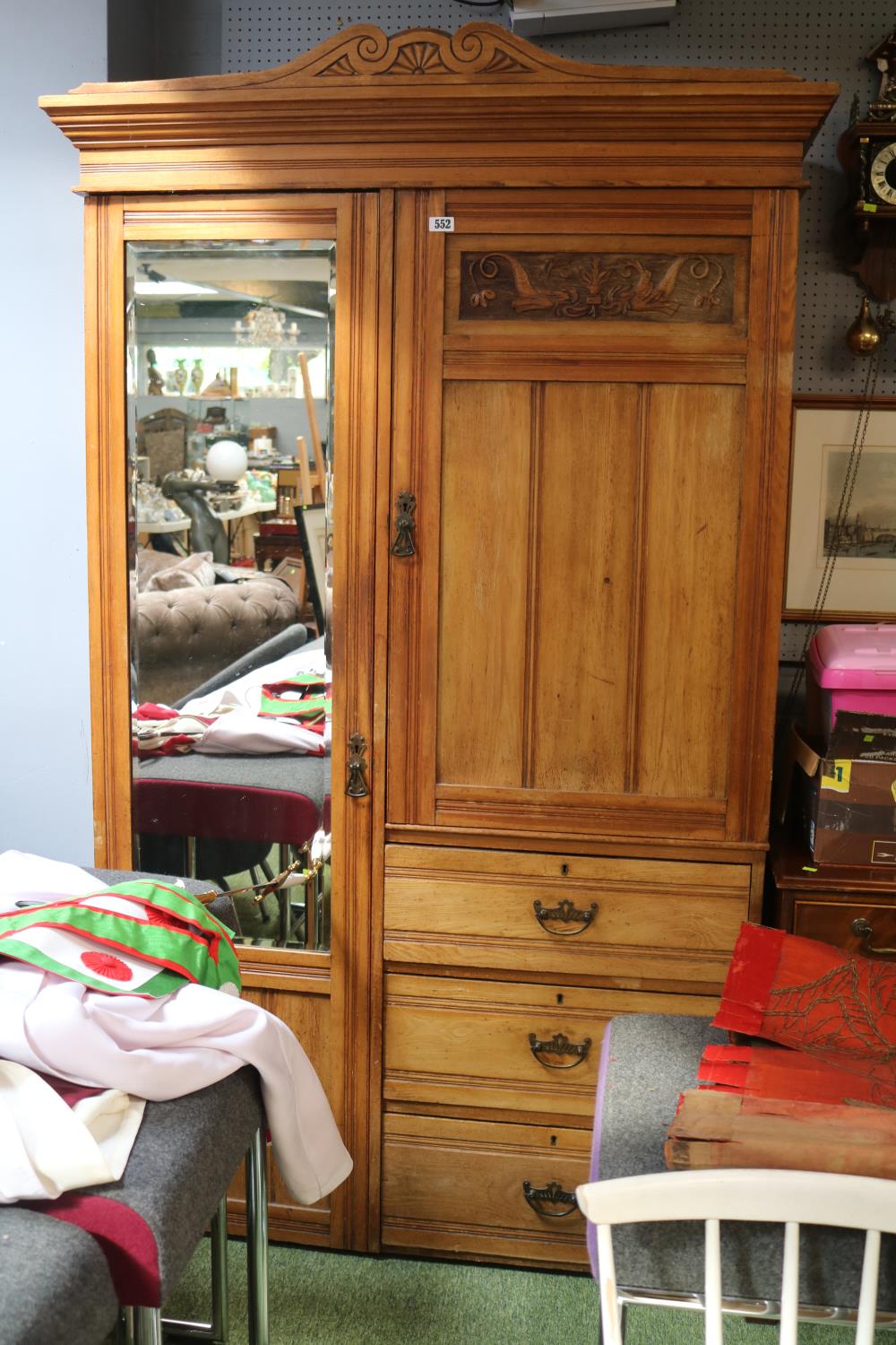 Victorian Double wardrobe with mirror door, panel front cupboard above 3 drawers