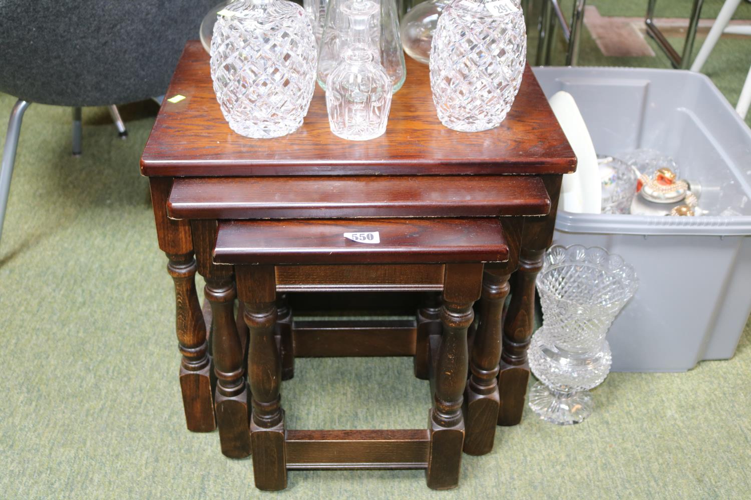 Nest of 3 Stained oak side tables on turned supports