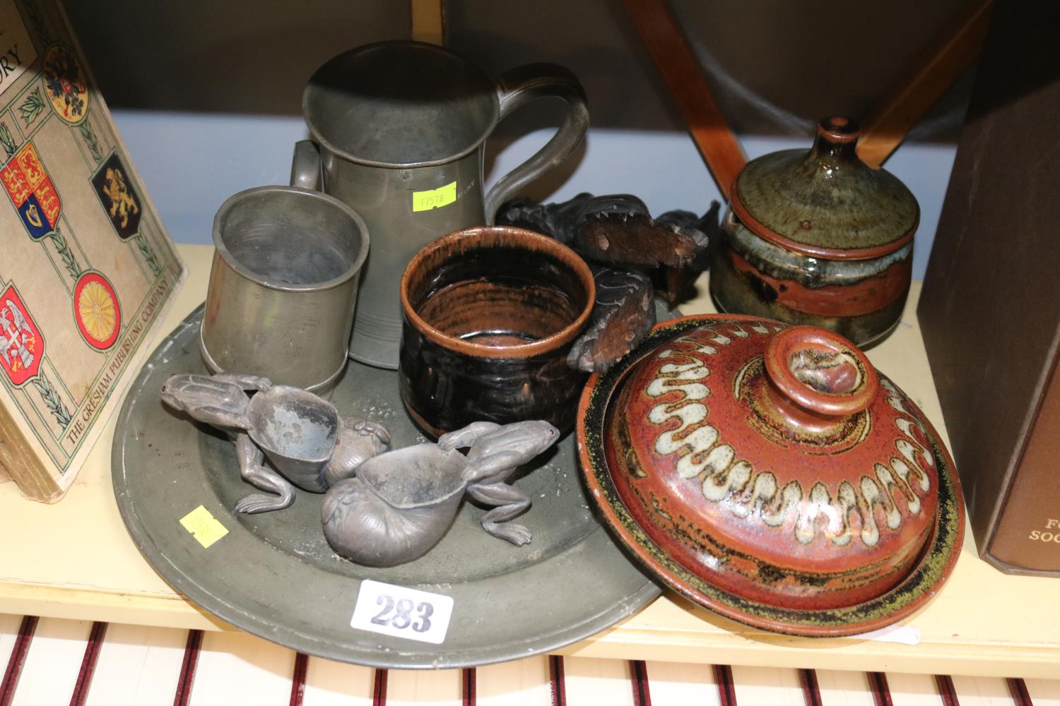 Collection of assorted Bygones to include Pair of Pewter Frog Salts, Studio Pottery etc
