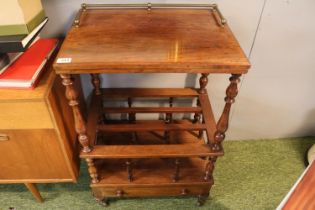 19thC Walnut Canterbury with brass gallery back over turned supports and single drawer to base