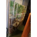 Very Large unframed Oil on canvas of a Garden View in the Pop Art style of David Hockney, unsigned