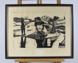 Original Linocut Signed "Washing Day" by Velile Soha 1985, one of South Africa's major graphic