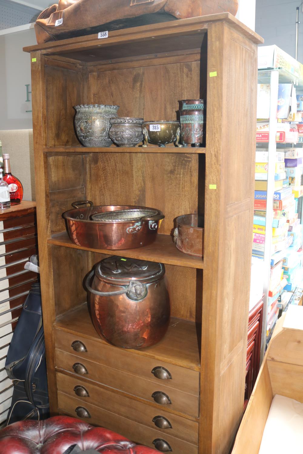 Modern Bookcase with drawers to base and brass cup handles