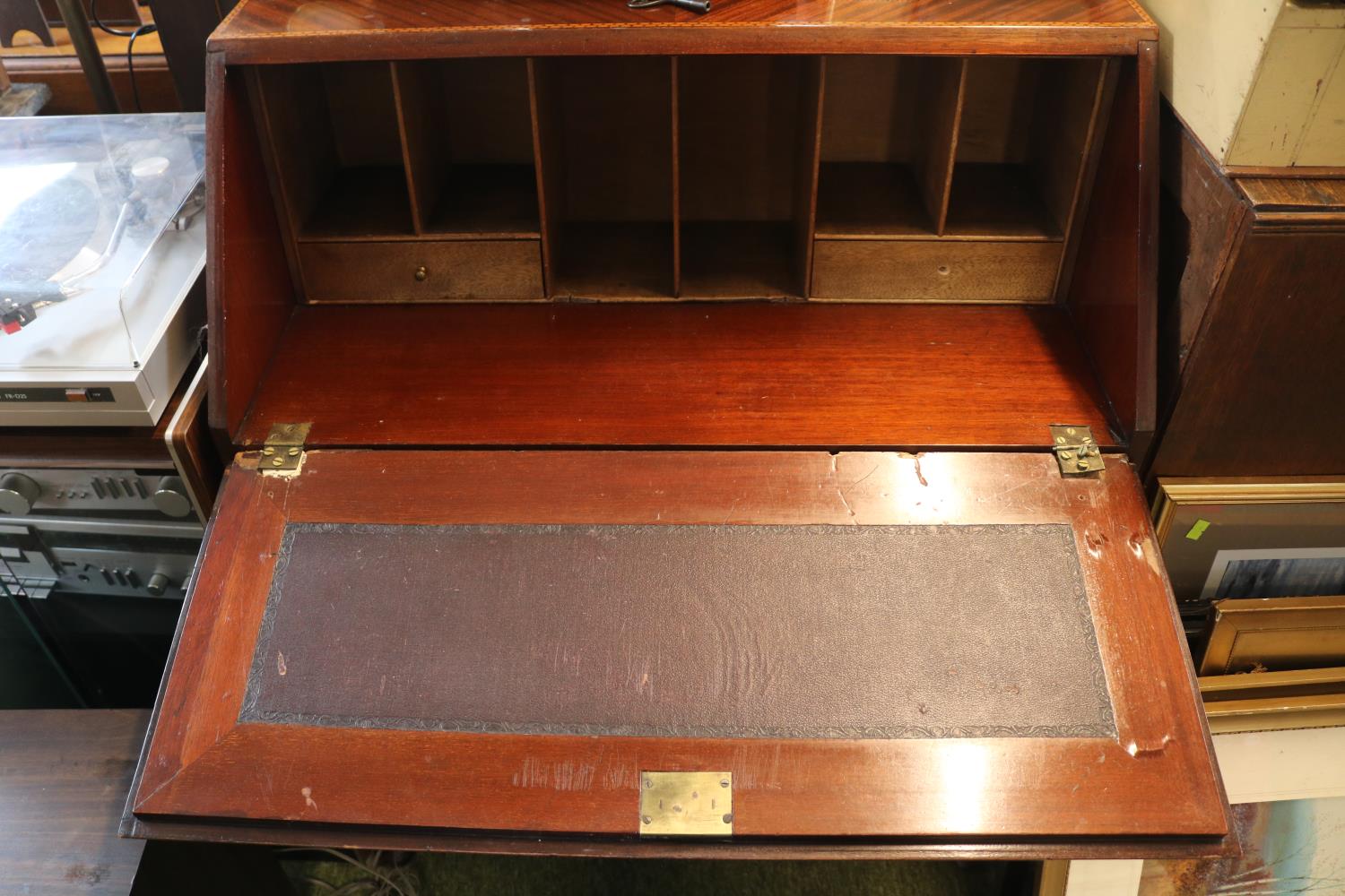 Edwardian Fall Front bureau with brass drop handles over cabriole legs - Image 2 of 2