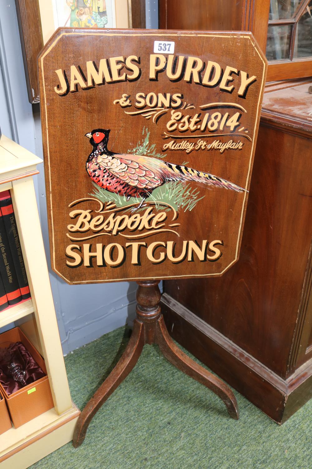 19thC Tilt top table with hand painted James Purdey & Sons Bespoke Shotguns