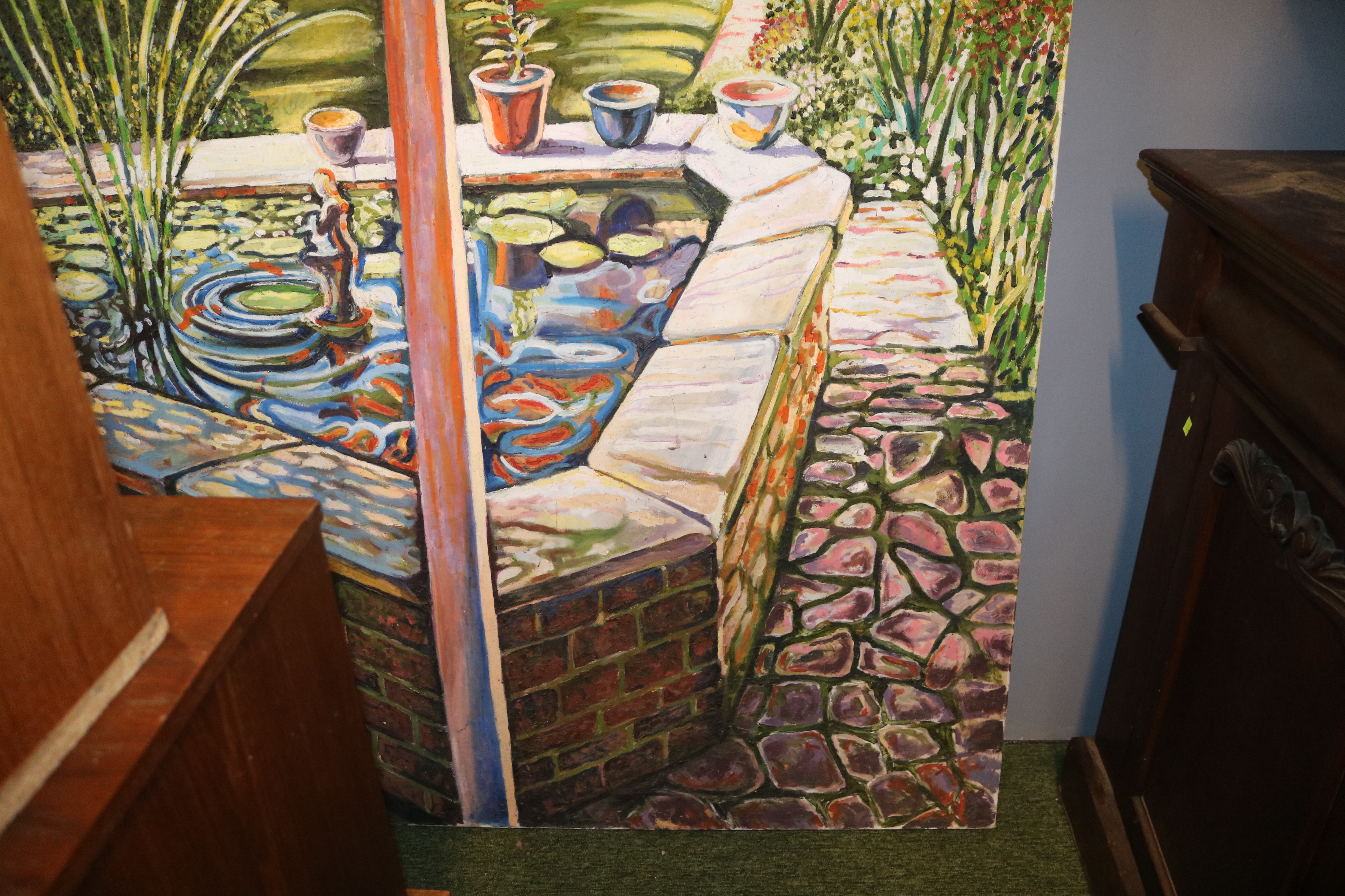 Very Large unframed Oil on canvas of a Garden View in the Pop Art style of David Hockney, unsigned - Image 4 of 4