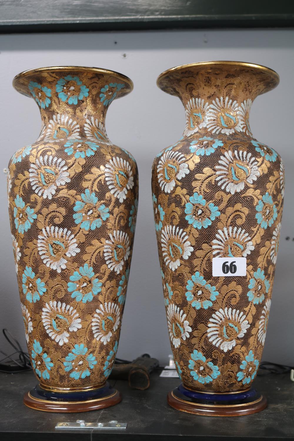 Pair of Very Large Doulton Slaters patent lace vases with floral decoration 40cm in Height