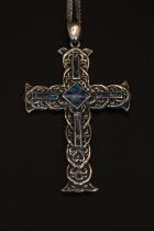 Large Silver Stone set Cross on chain 68cm in Length. 24g total weight