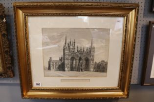 Framed engraving of Peterborough Cathedral 1814 North West View