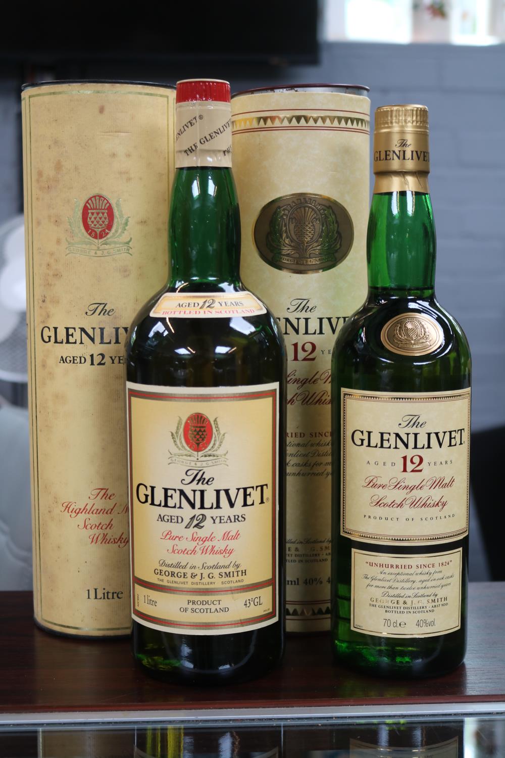 Cased The Glenlivet aged 12 year 1 Litre and Glenlivet 12 Year 70cl