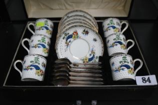 Cased Bistro Transfer printed Coffee can set for 6 with Silver plated spoons