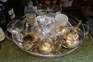 Early 20thC Silver plated two handled tray, Three piece silver plated tea set, collection of